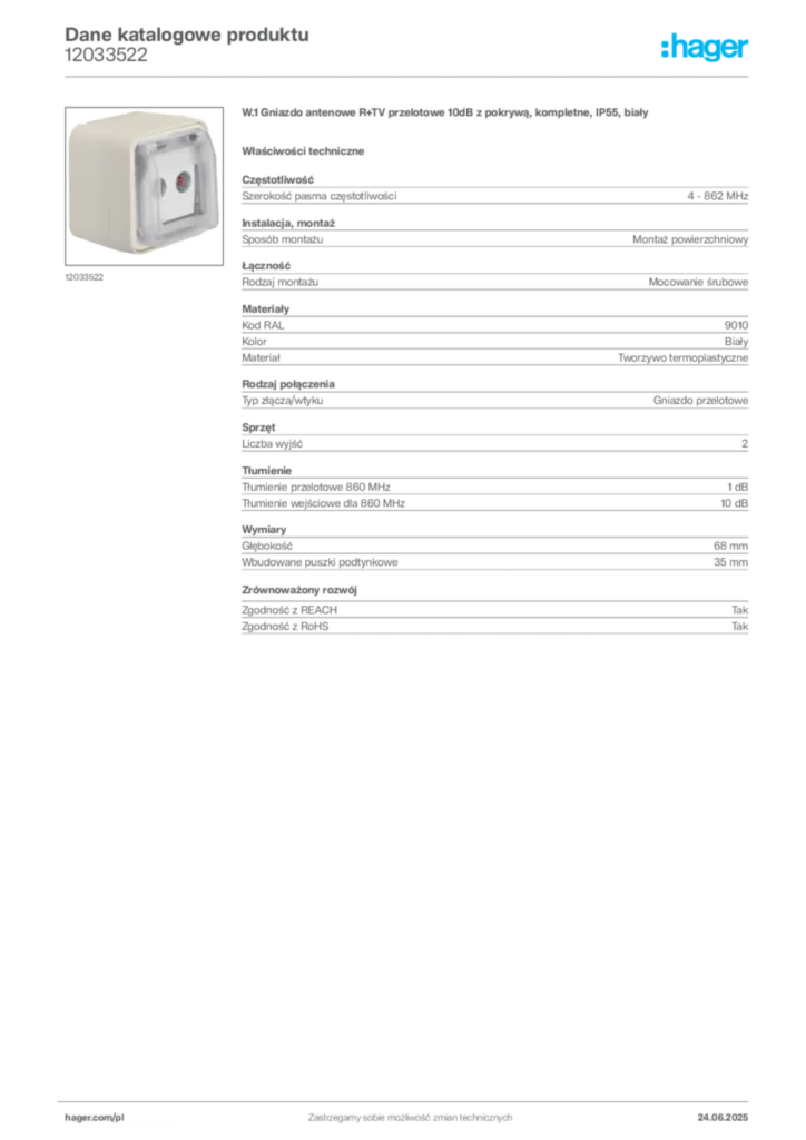 Zdjęcie Hager Karta katalogowa 12033522 | Hager Polska