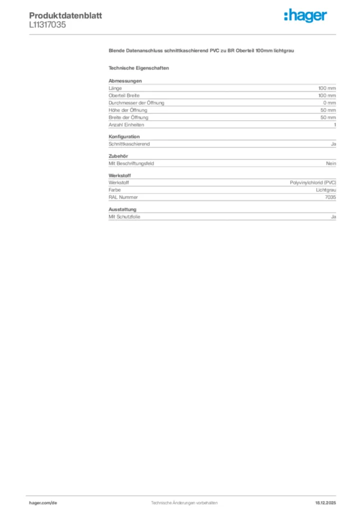 Bild Hager Produktdatenblatt L11317035 | Hager Deutschland