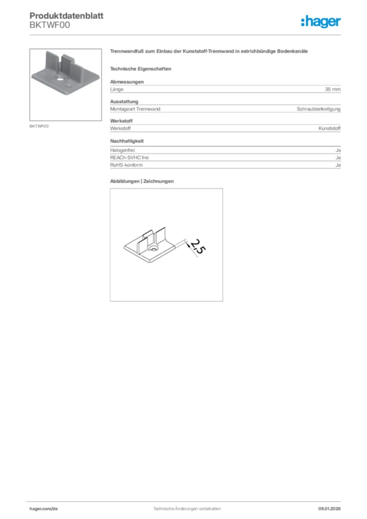 Bild Hager Produktdatenblatt BKTWF00 | Hager Deutschland