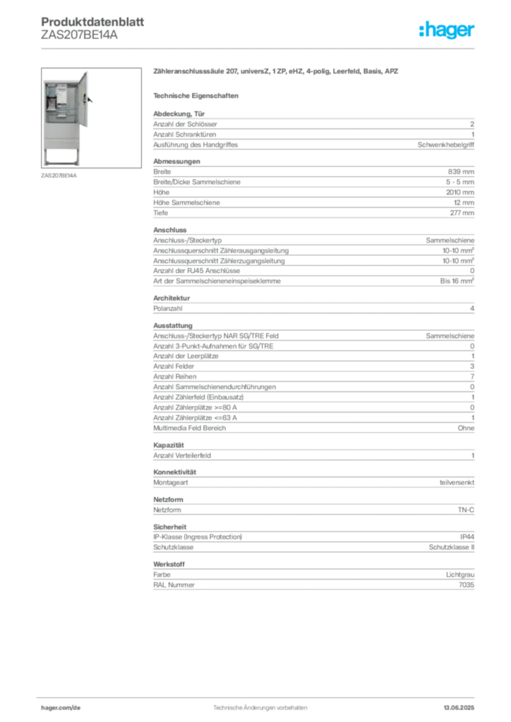 Bild Hager Produktdatenblatt ZAS207BE14A | Hager Deutschland