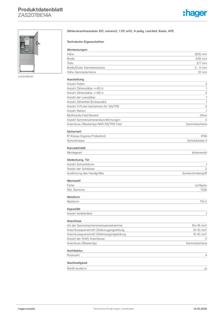Bild Hager Produktdatenblatt ZAS207BE14A | Hager Deutschland