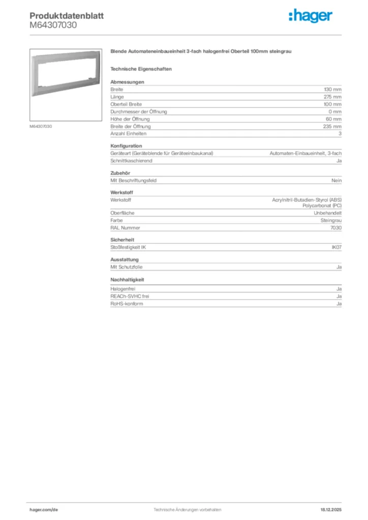 Bild Hager Produktdatenblatt M64307030 | Hager Deutschland