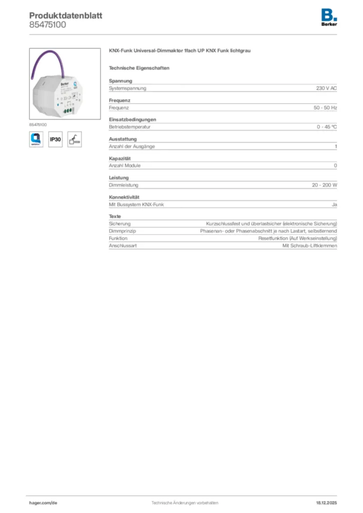 Bild Berker Produktdatenblatt 85475100 | Hager Deutschland