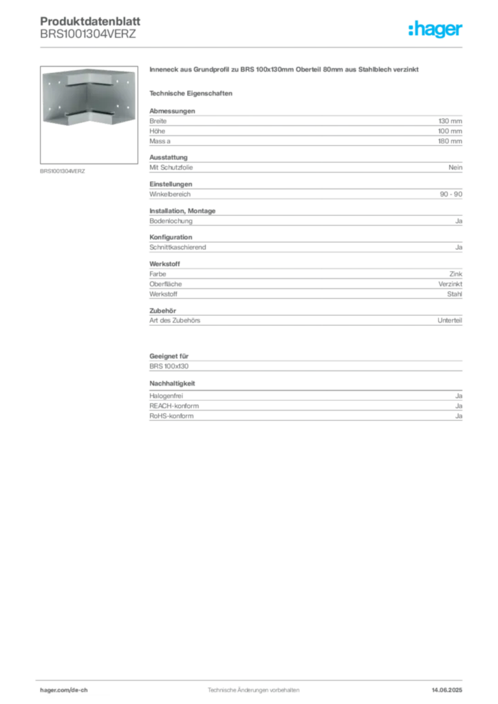 Bild Hager Produktdatenblatt BRS1001304VERZ | Hager Schweiz