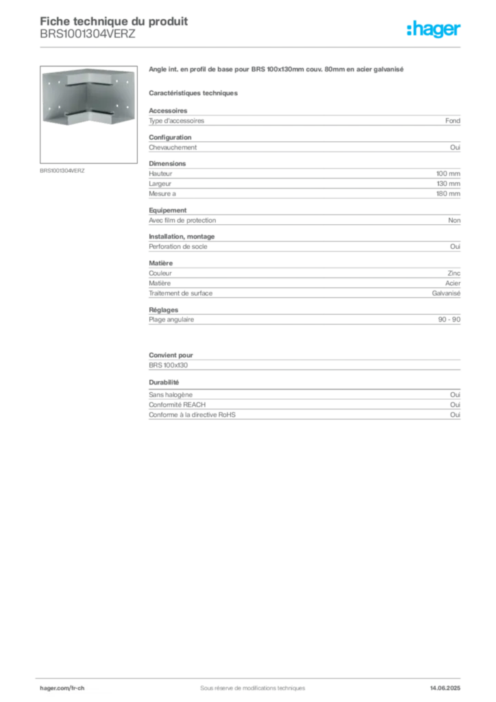 Image Hager Fiche technique du produit BRS1001304VERZ | Hager Suisse