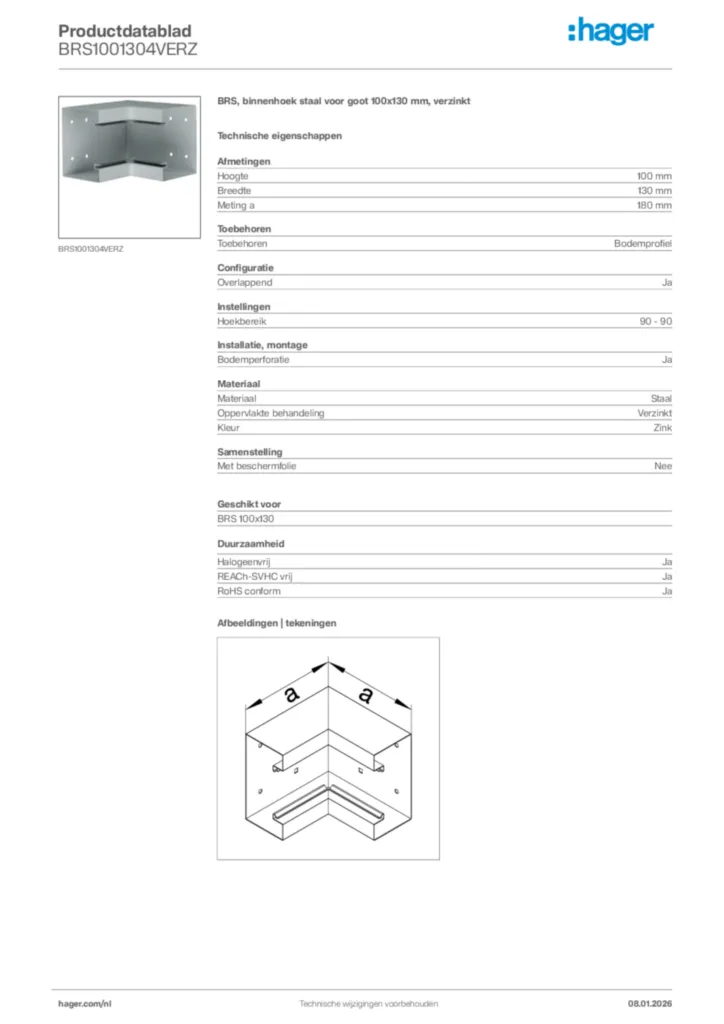 Afbeelding Hager Productdatablad BRS1001304VERZ | Hager Nederland