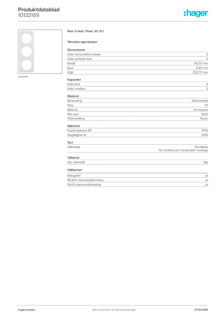 Bild Hager Produktdatablad 10132189 | Hager Sverige