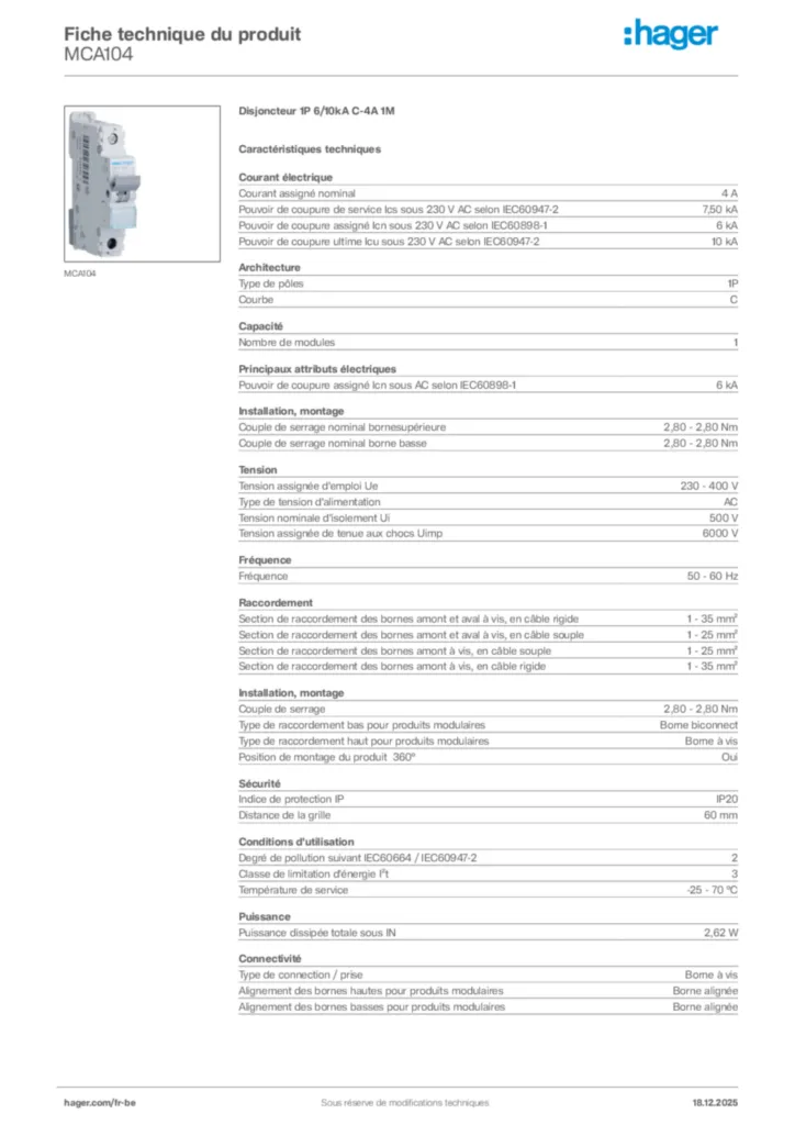 Image Hager Fiche technique du produit MCA104 | Hager Belgique
