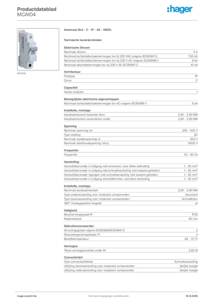 Afbeelding Hager Productdatablad MCA104 | Hager Belgium