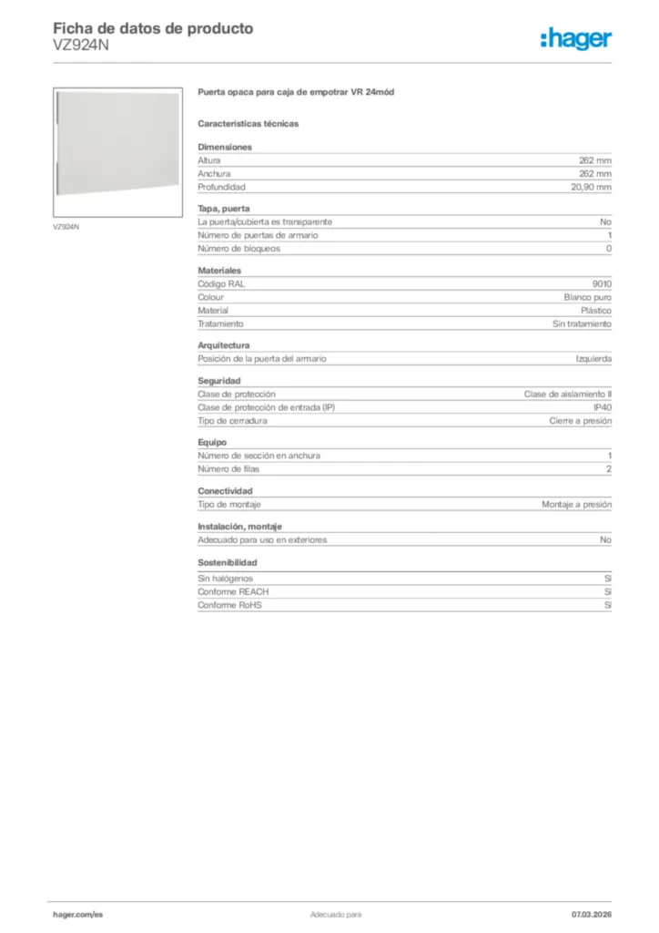 Imagen Hager Ficha de datos de producto VZ924N | Hager España