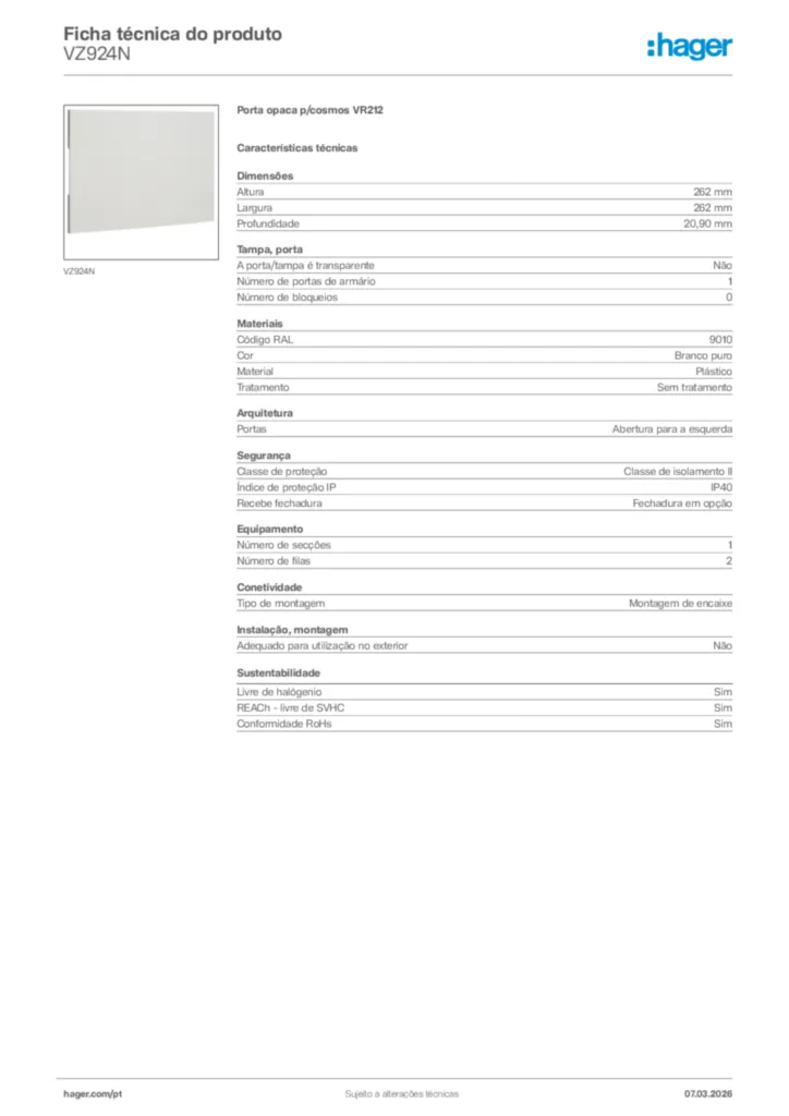 Imagem Hager Ficha técnica do produto VZ924N | Hager Portugal