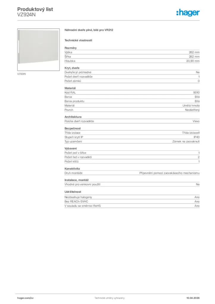 Obrázek Hager Product data sheet VZ924N | Hager