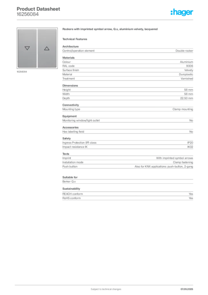 Image Hager Product data sheet 16256084  | Hager