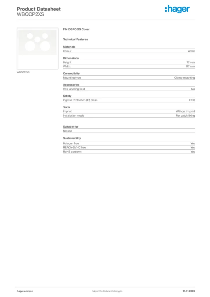 Image Hager Product data sheet WBQCP2XS  | Hager New Zealand