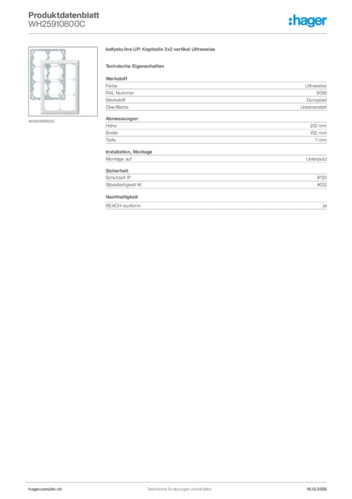 Bild Hager Produktdatenblatt WH25910800C | Hager Schweiz