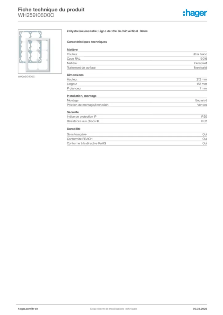 Image Hager Fiche technique du produit WH25910800C | Hager Suisse