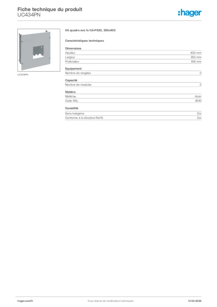 Image Hager Fiche technique du produit UC434PN | Hager France
