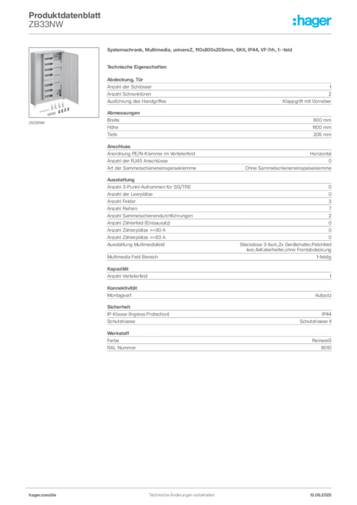 Hager Produktdatenblatt ZB33NW