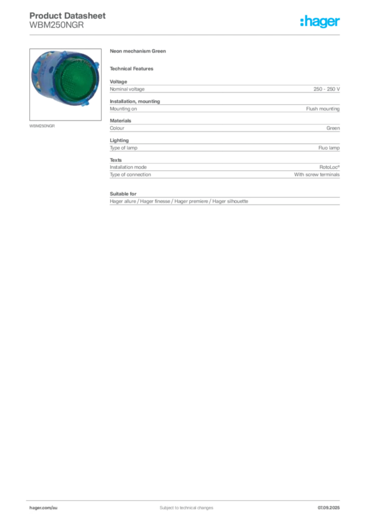 Image Hager Product data sheet WBM250NGR  | Hager Australia