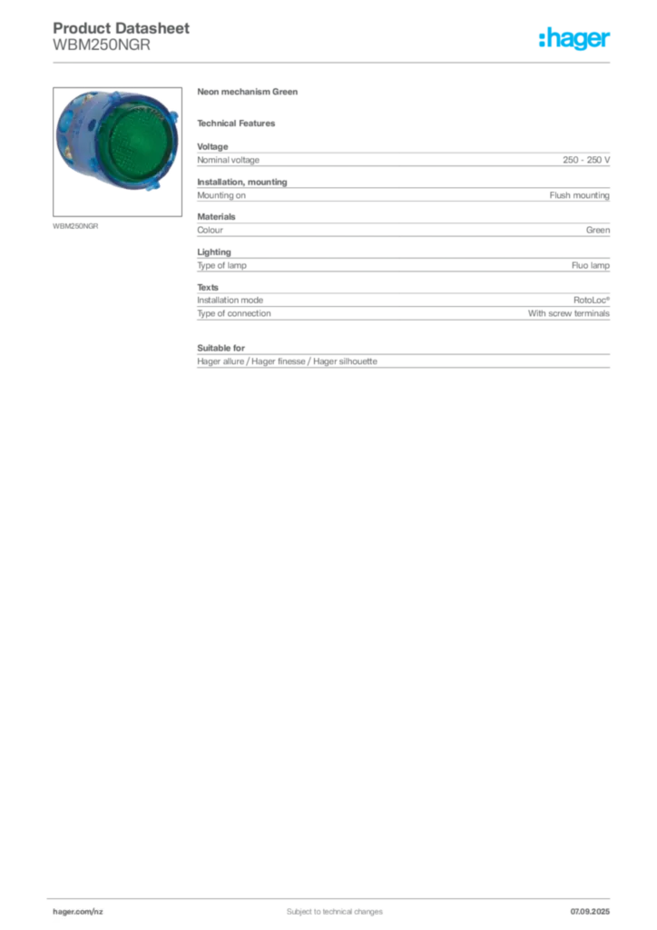 Image Hager Product data sheet WBM250NGR  | Hager New Zealand