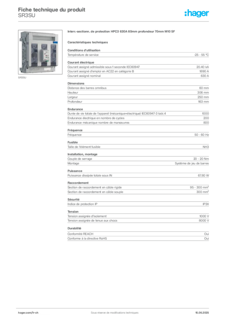 Image Hager Fiche technique du produit SR3SU | Hager Suisse