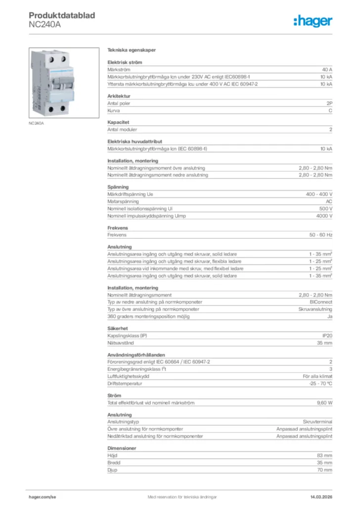 Bild Hager Produktdatablad NC240A | Hager Sverige