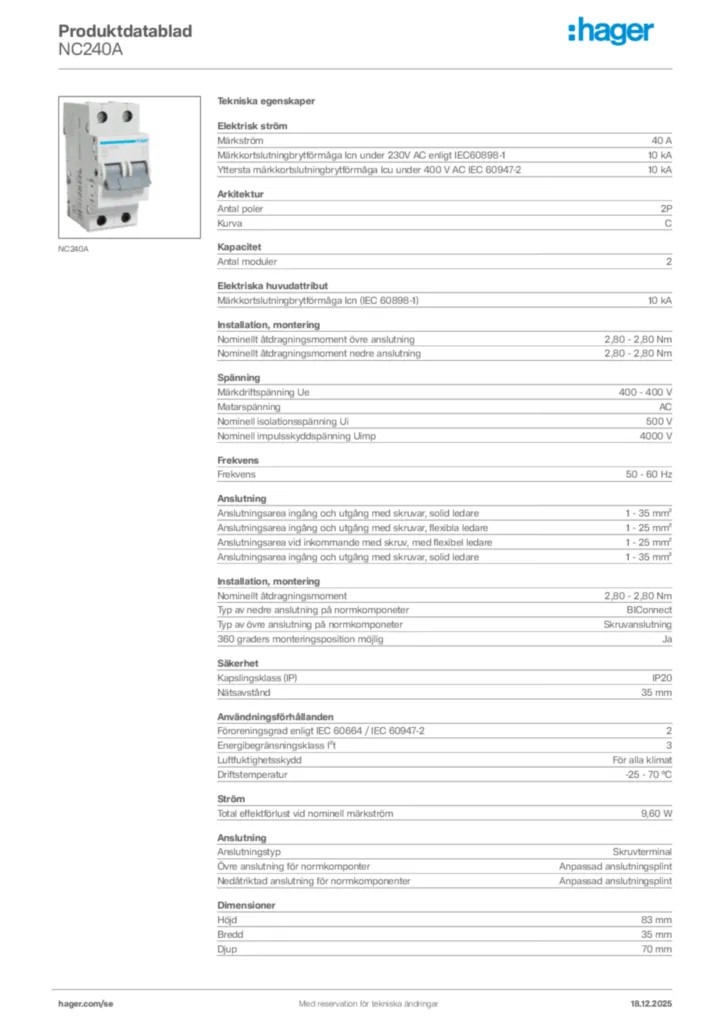 Bild Hager Produktdatablad NC240A | Hager Sverige