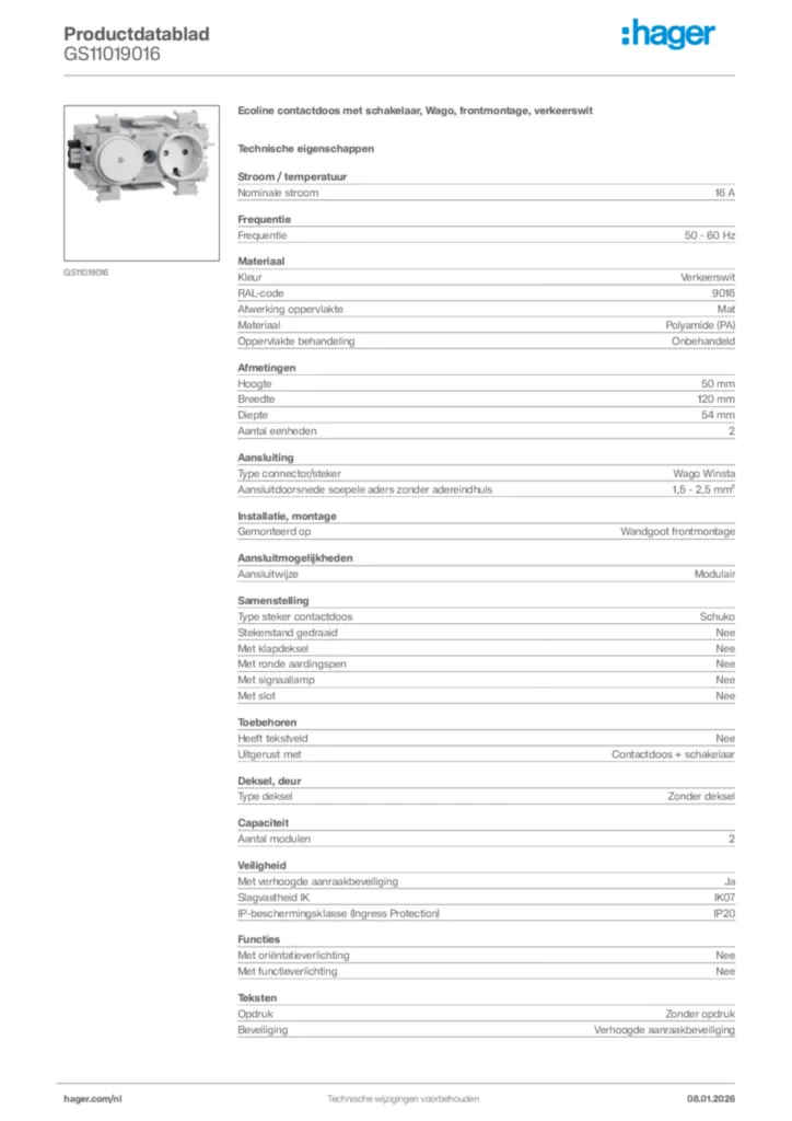 Afbeelding Hager Productdatablad GS11019016 | Hager Nederland