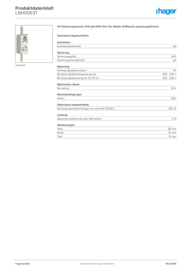 Bild Hager Produktdatenblatt LNH0063T | Hager Deutschland