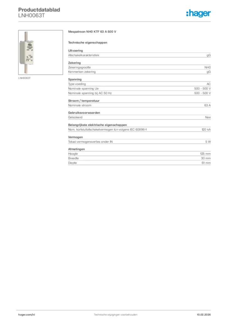 Afbeelding Hager Productdatablad LNH0063T | Hager Nederland