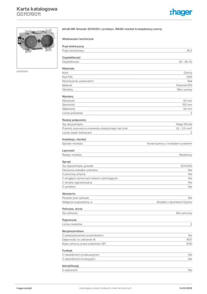 Zdjęcie Hager Karta katalogowa GS11019011 | Hager Polska