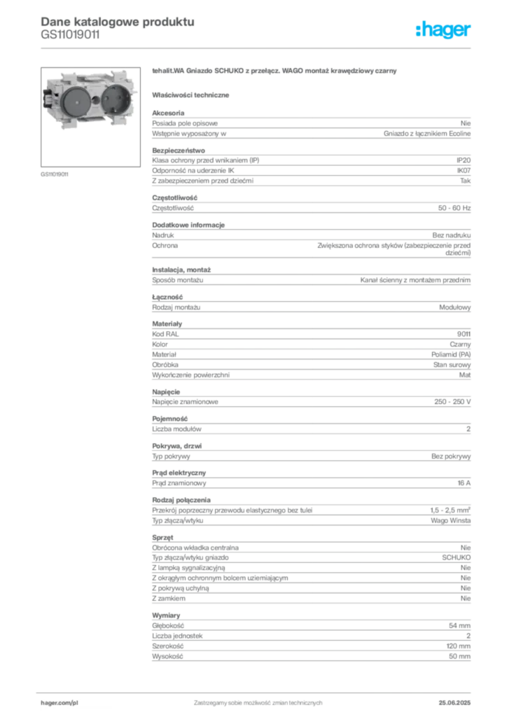 Zdjęcie Hager Karta katalogowa GS11019011 | Hager Polska