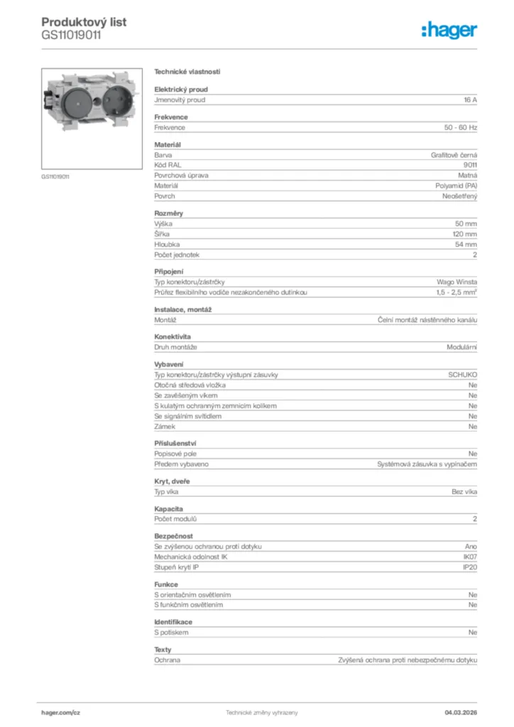Obrázek Hager Product data sheet GS11019011 | Hager