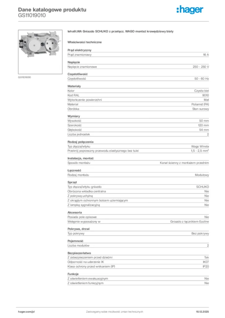 Zdjęcie Hager Karta katalogowa GS11019010 | Hager Polska
