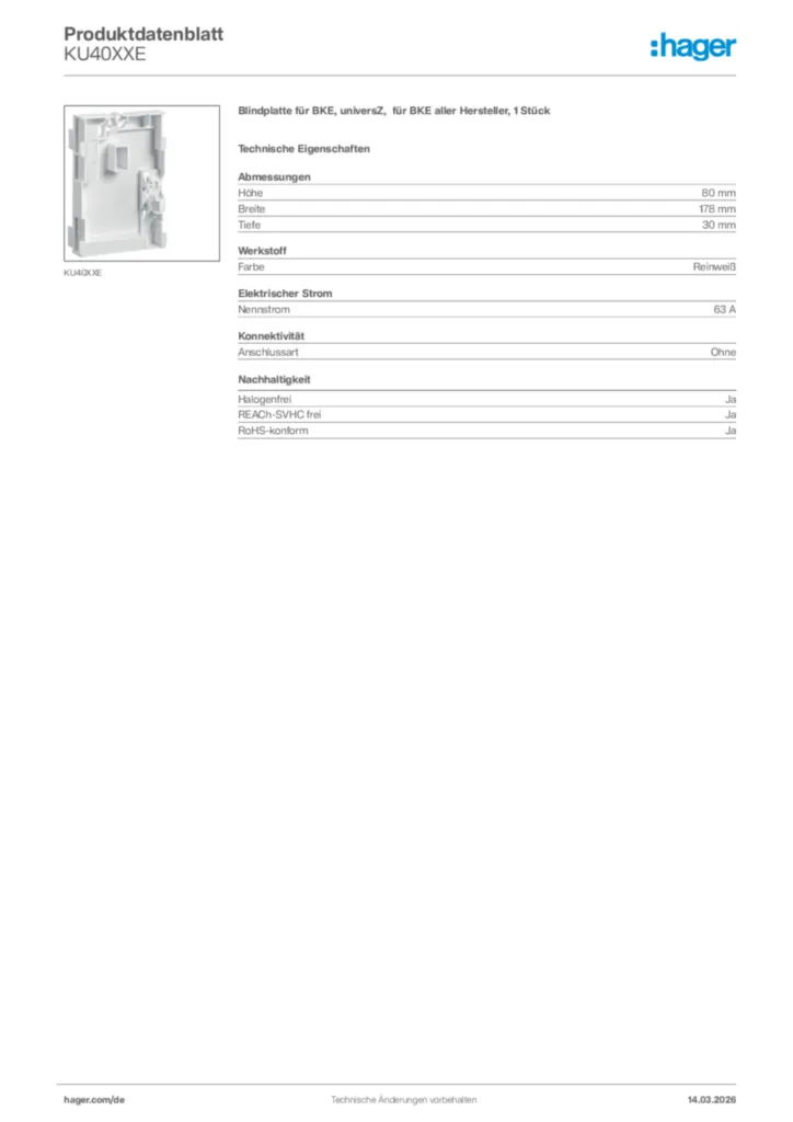Bild Hager Produktdatenblatt KU40XXE | Hager Deutschland