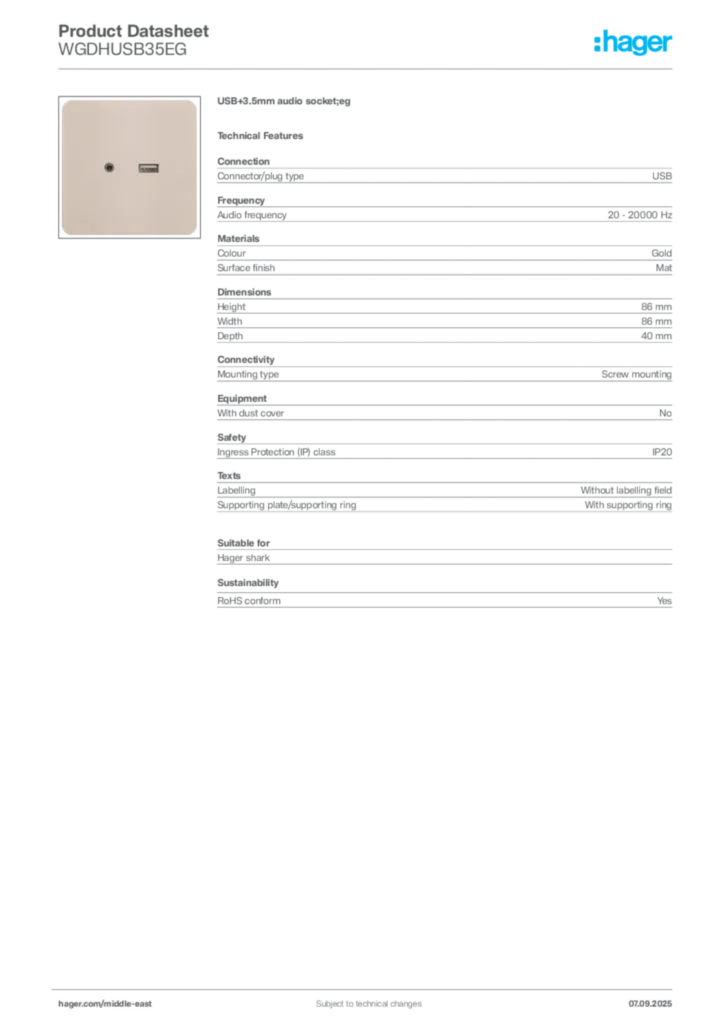 Image Hager Product data sheet WGDHUSB35EG  | Hager