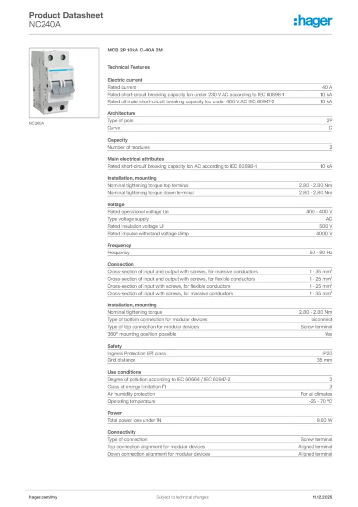 Image Hager Product data sheet NC240A  | Hager