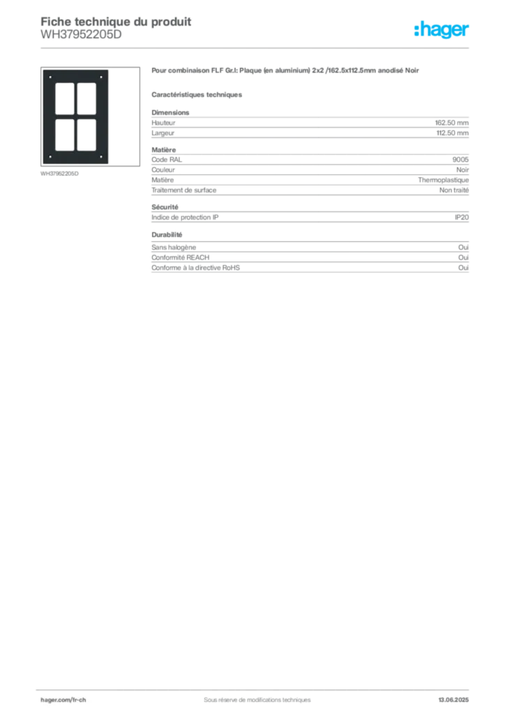 Image Hager Fiche technique du produit WH37952205D | Hager Suisse