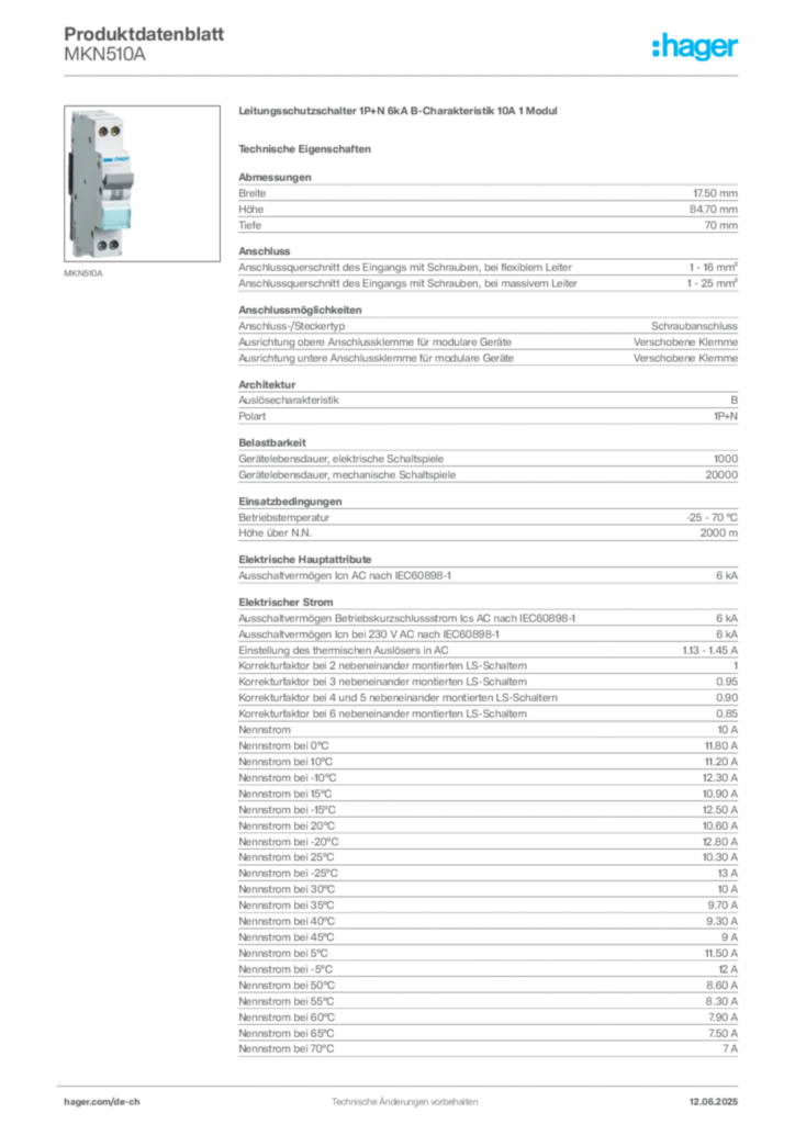 Bild Hager Produktdatenblatt MKN510A | Hager Schweiz