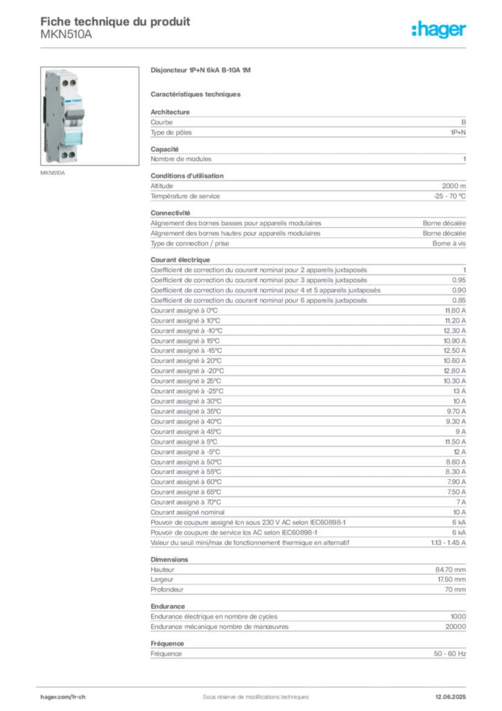 Image Hager Fiche technique du produit MKN510A | Hager Suisse