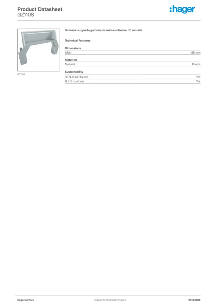 Image Hager Product data sheet GZ110S  | Hager
