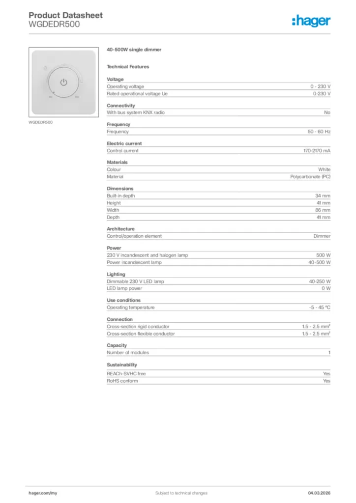 Image Hager Product data sheet WGDEDR500  | Hager
