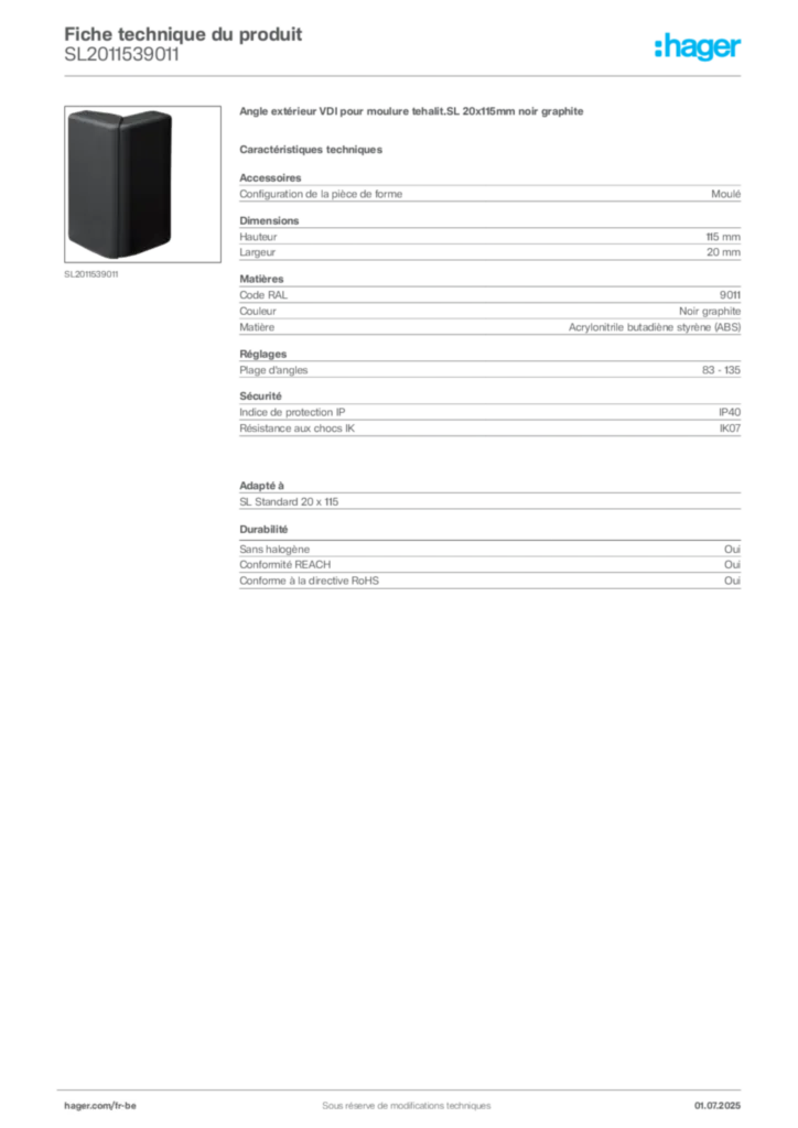 Image Hager Fiche technique du produit SL2011539011 | Hager Belgique