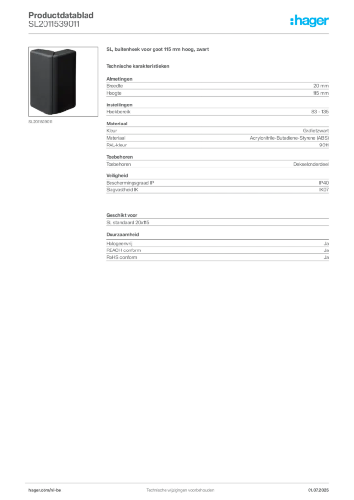 Afbeelding Hager Productdatablad SL2011539011 | Hager Belgium