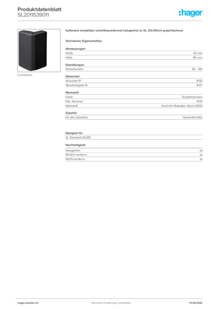 Bild Hager Produktdatenblatt SL2011539011 | Hager Schweiz