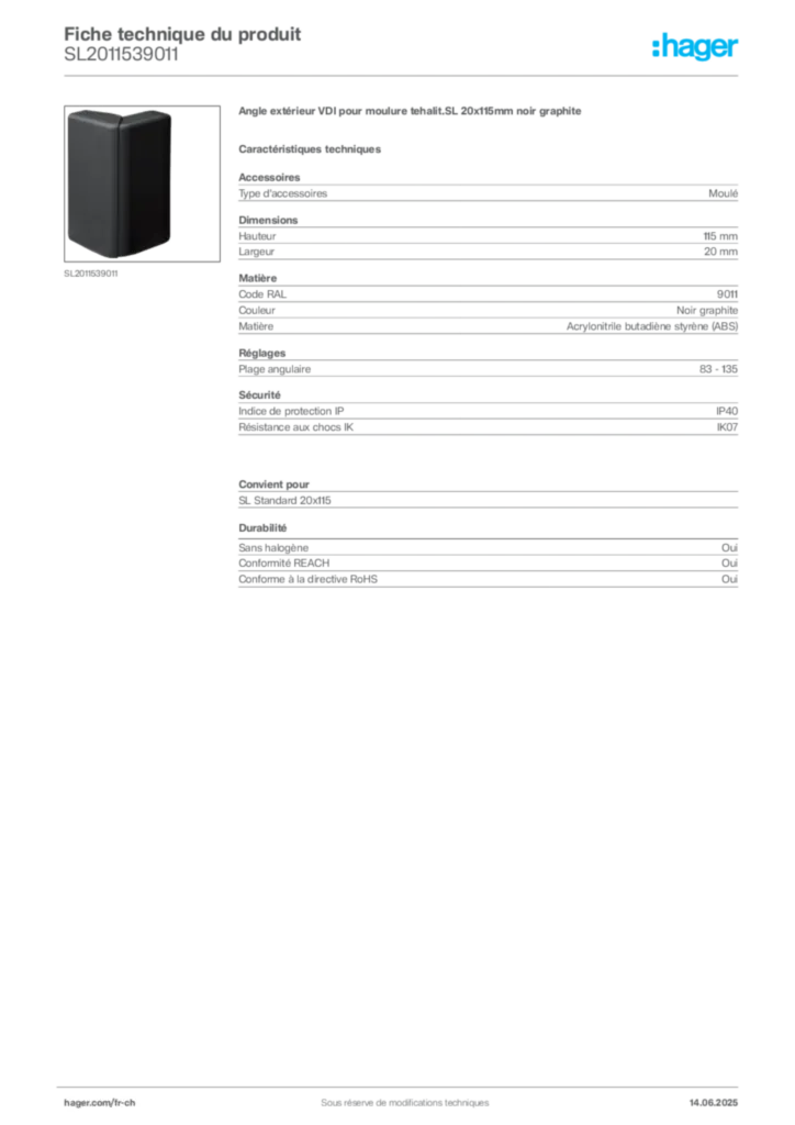 Image Hager Fiche technique du produit SL2011539011 | Hager Suisse