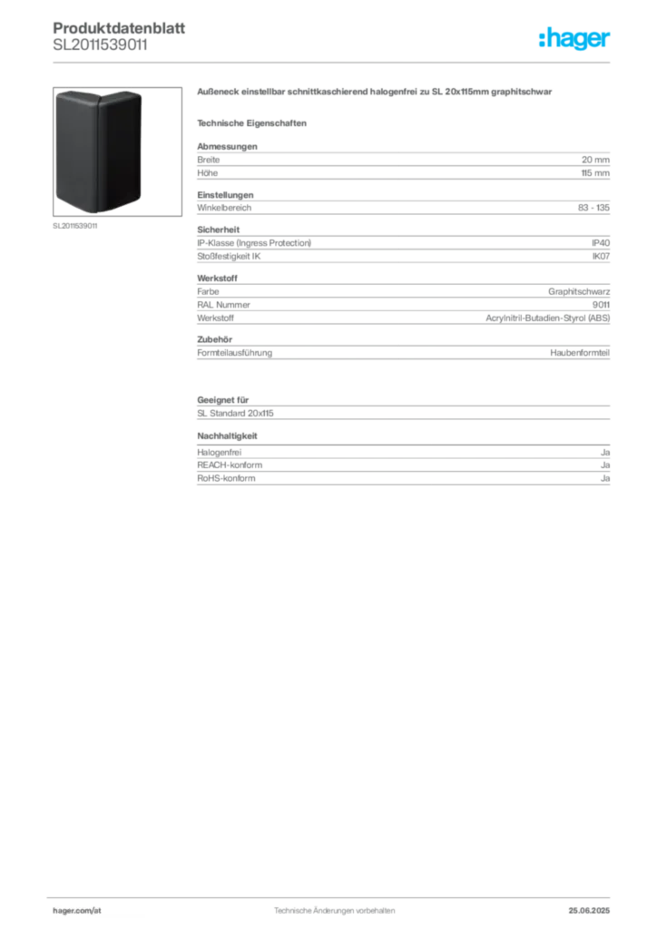 Bild Hager Produktdatenblatt SL2011539011 | Hager Deutschland