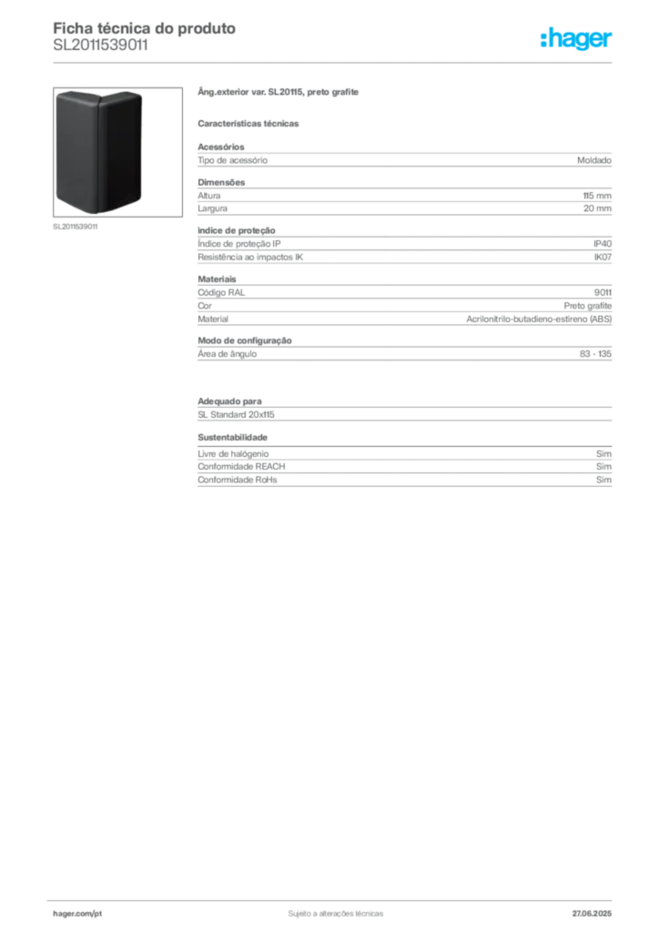 Imagem Hager Ficha técnica do produto SL2011539011 | Hager Portugal