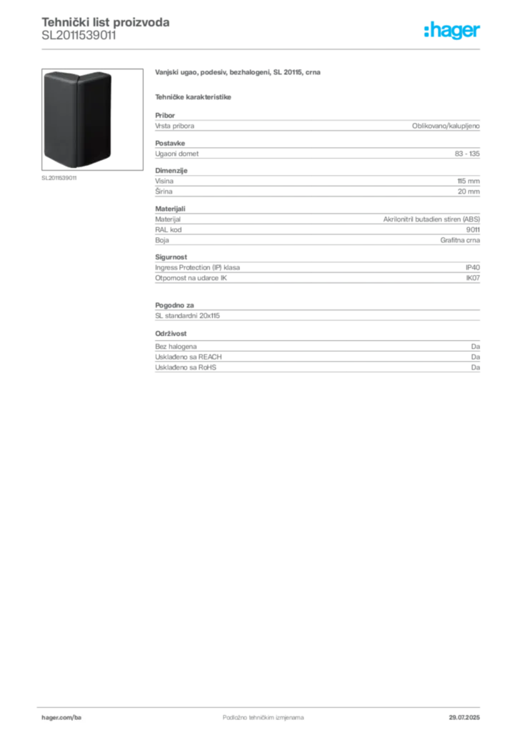 Slika Hager Product data sheet SL2011539011  | Hager