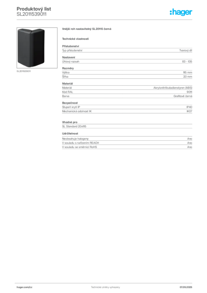 Obrázek Hager Produktový list SL2011539011 | Hager